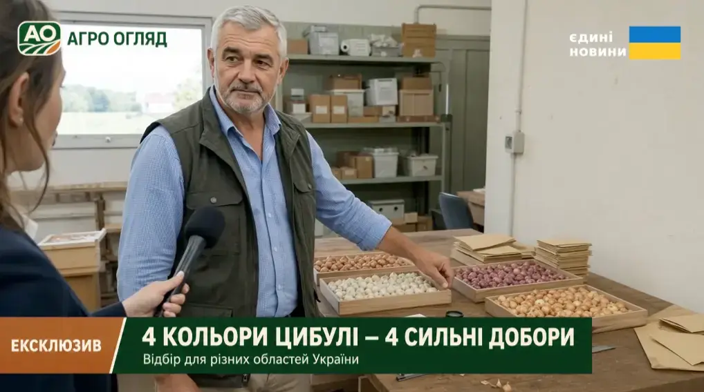 Агроном показує кольорові лінії цибулі